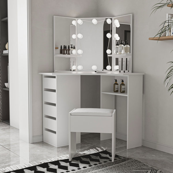 Trule Cormier Corner Makeup Vanity Set With LEDs And Stool & Reviews